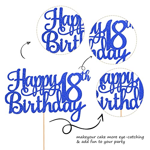 1 PCS Happy 18th Birthday Cake Topper Glitter Cheers to 18 Years Birthday Cake Pick 18 Fabulous Cake Decoration for Happy 18th Birthday Theme Party Decorations Supplies Blue (Blue / 18th)