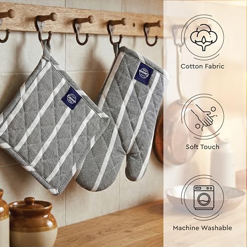 Oven Mitts and Pot Holders Set (Oven Glove + Pot Holder / Roma Grey Stripes)
