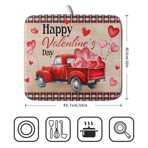 Valentine's Day Truck Dish Drying Mat 16x18 inch Love Heart Washable Absorbent Dishes Pad Dish Drainer Mat for Kitchen Counter Sink Coffee (Love Heart Truck / 16 x 18 inch)