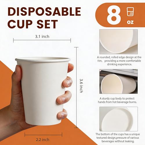 Disposable Paper Coffee Cups 8 oz 100 Count (White - 8 oz)