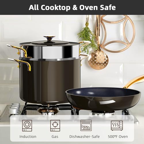 Lux LE 13Pc Ceramic Cookware Set with Elegant Gold Handle (Black Coffee LE)