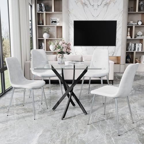 36” Square Glass Dining Table Set for 4 (Black Square Table/White Velvet Chairs / 5 Pieces)