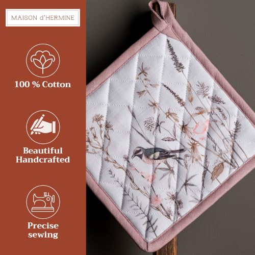 Pot Holders 100% Cotton Potholders (058 - Meadow Florals - Brown / 8" x 8" (Pot Holder Pack of 2))