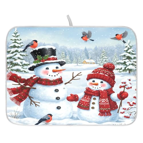 Winter Christmas Snowman Dish Drying Mat for Kitchen Counter Absorbent Microfiber Large Drying Pad Dish Mats Snowflakes for Kitchen Countertops 18 x 24 Inch (Christmas Snowman / 24" x 18")