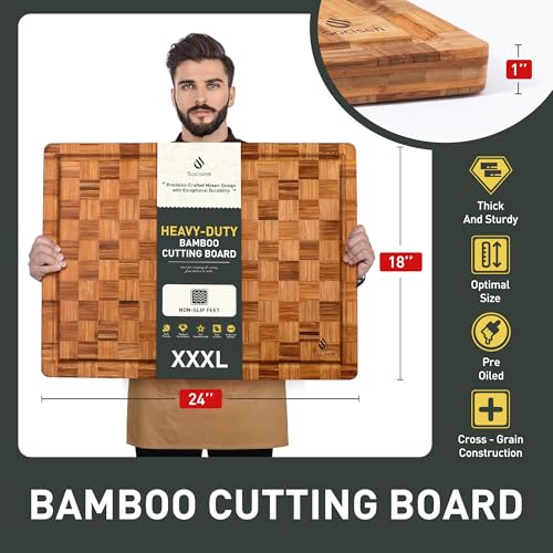 XXX Large Bamboo Cutting Board with Non Slip Feet and Over Sink Butcher Block Chopping Board Nice Solid Thick Wooden Juice Groove Huge Big XXl xlarge Best Hardwood Kitchen Counter Organic (24"L x 18"W)