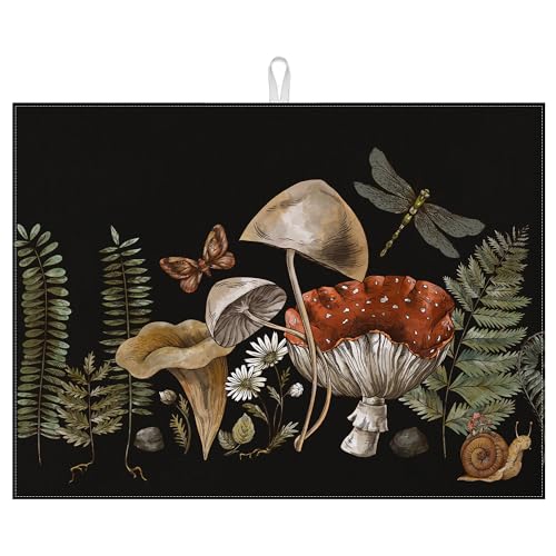Vintage Mushroom Dish Drying Mat for Kitchen Counter Microfiber Absorbent Dish Kitchen Drying Mat Draining Reusable Washable for Dishes