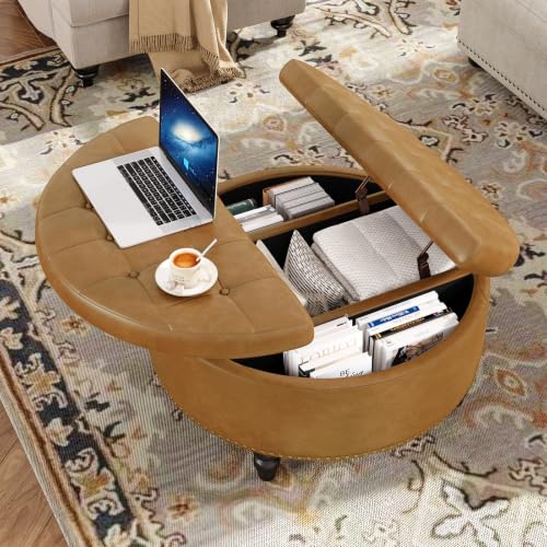 31.5 Inch Large Round Ottoman with Storage Circular (Camle)