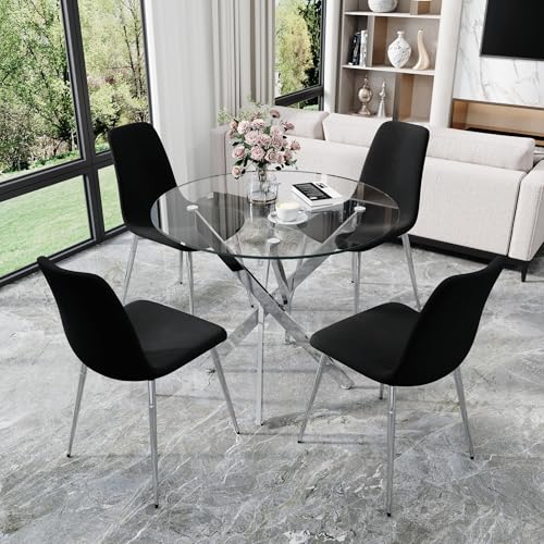 36" Round Glass Dining Table Set for 4 (Silver Round Table/Black Velvet Chairs / 5 Pieces)