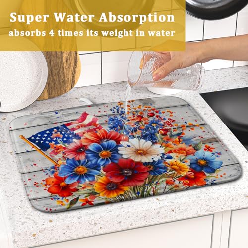 4th of July Dish Drying Mat 16x18 inch Patriotic Floral Fast Dry Microfiber Reversible Dish Drainer Rack Pad Kitchen Counter Accessories (Patriotic Floral / 16" x 16")