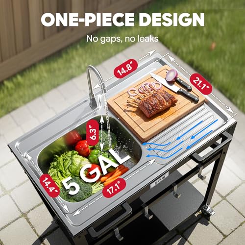 35" Movable Outdoor Grill Cart with Stainless Steel Sink & Faucet (Sliver)