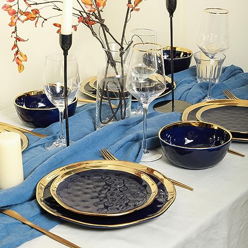 Florian Modern Porcelain Dish Set (32-Pieces Service for 8 / Blue with Gold Rim)