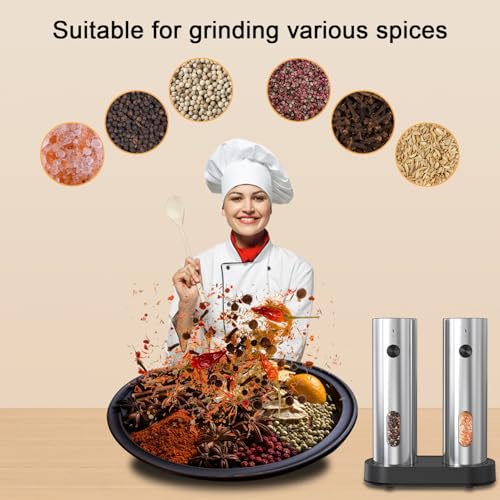 Electric Salt and Pepper Grinder Set with Charging Base (Sliver)