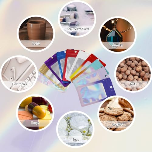 200 Pack Resealable Mylar Holographic Bags Food Storage Smell Proof Bags with Front Window Foil Packaging Pouch for Candy Sample Jewelry Small Business 4.13×5.91 Inch (200 Count)