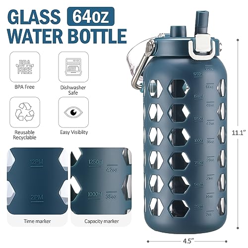 64oz Glass Water Bottle with Straw and Lid (Blue / 64 Ounces)