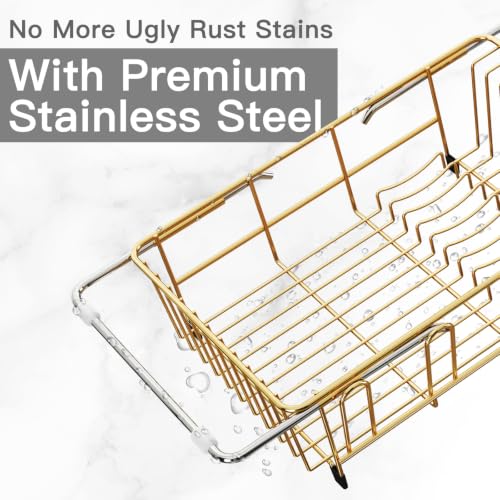 Gold Expandable Dish Drying Rack Over Sink with Extra Drainboard (Gold / For 11.5"-16" W Sink with Cup Holder & Drainboard)