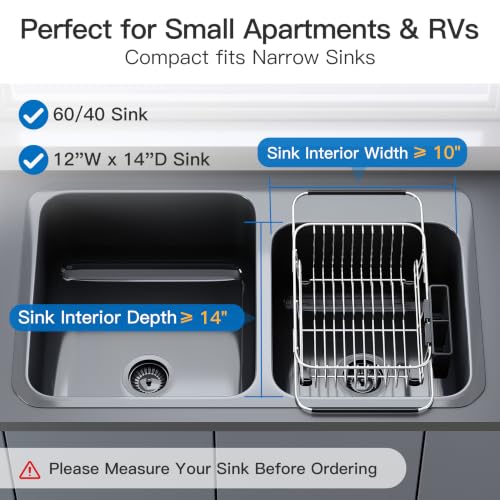 Sink Small Dish Drying Rack with Utensil Holder (Silver / For 10"-12"w Sink)