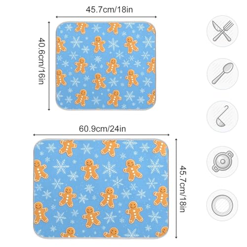 Snowflake Gingerbread Cookie Blue Dish Drying Mat for Kitchen Counter Absorbent Microfiber Drying Pad (16" x 16")