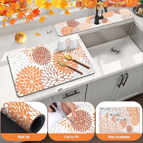 2Pcs Fall Dish Drying Mat & Sink Splash Guard (Orange / 12" X 20" + 24" X 5.5")