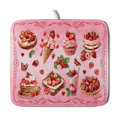 Pink Strawberry Dish Drying Mat for Kitchen Counter Small 18 X 16 In (Strawberry Pink 328 / 18" x 16")