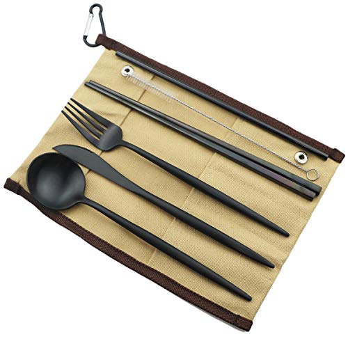 Reusable Travel Utensils (Khaki Pouch / Black)