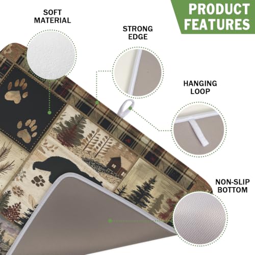 Black Bear Dish Drying Mat Forest Cabin Decorative Dishes Pad 16x18 Inch Absorbent Fast Dry Dish Drainer Rack Mats for Kitchen Counter Sink (Black Bear / 16" x 16")