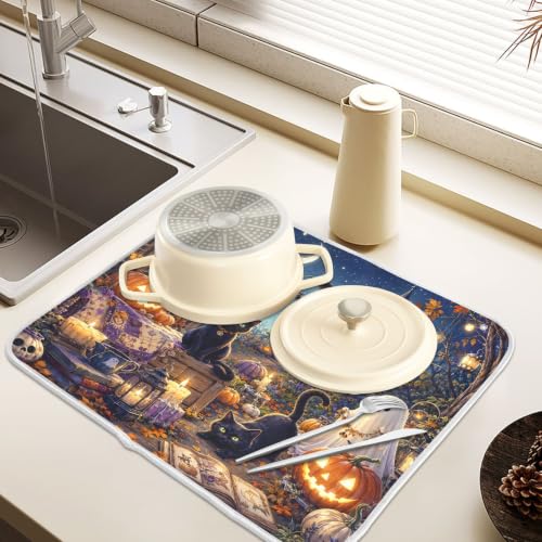 Halloween Night Scene Dish Drying Mat for Kitchen Counter Absorbent Microfiber Large Drying Pad Cats Ghost Dish Mats for Kitchen Countertops 18 x 24 Inch (Halloween Night Scene / 24" x 18")