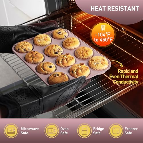 2 Pack 12 Cups Muffin Pan with Metal Reinforced Frame Regular Size Silicone Molds Cupcake Cake Baking Pans Cookie Baking Chocoflan Cupcake Mold Silicone Egg Bite Molds Baking Items Stuff (2pc: 12-Cup Regular / Morandi Pink)