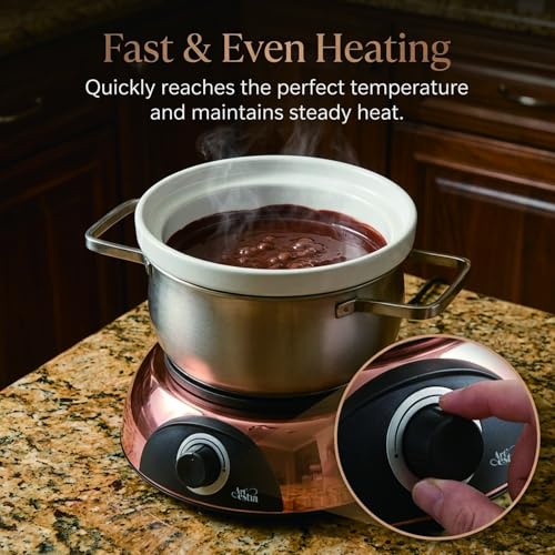 Electric Fondue Pot Set for Cheese (C. Stainless Steel/Ceramic Pots, Rose-gold Base)
