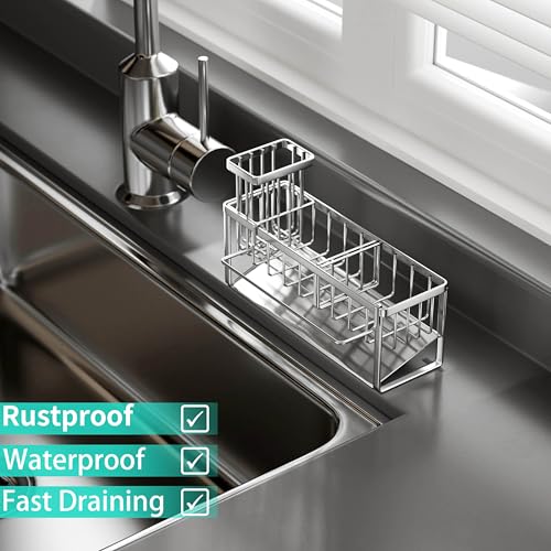 Sponge Holder for Kitchen Sink (Silver-Sloping / with Dishcloth Holder)