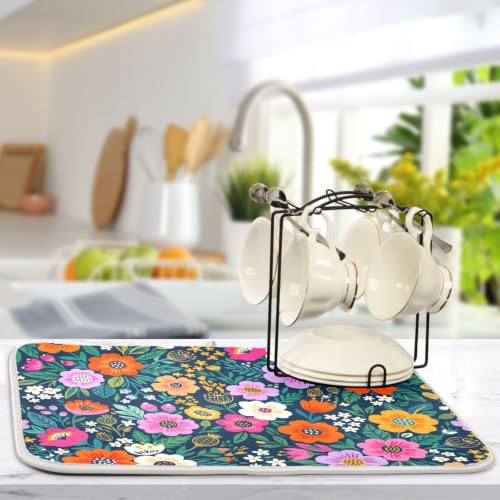 Flower Floral Dish Drying Mat for Kitchen Counter Absorbent Microfiber Drying Pad (18" x 24")