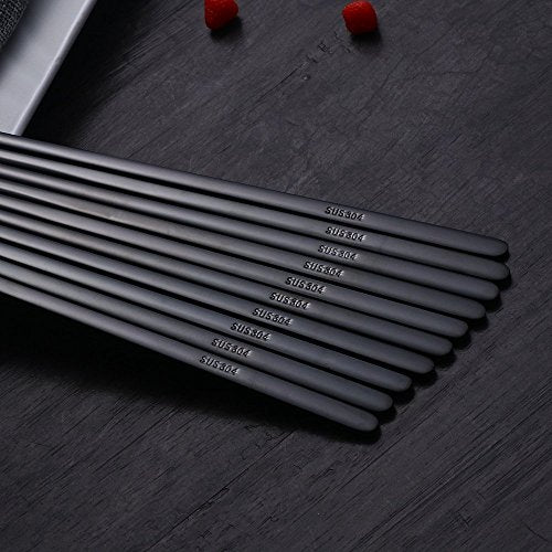 5 Pairs Black Flat Reusable Metal Chopsticks (Black-flat Chopstick)
