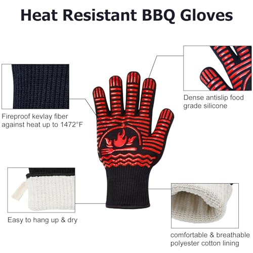 BBQ Gloves 1472°F Extreme Heat Resistant Grill Gloves (Red / 11inch)