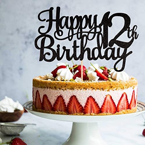 1 PCS Happy 12th Birthday Cake Topper Glitter Cheers to 12 Years Birthday Cake Pick 12 Fabulous Cake Decoration for Happy 13th Birthday Theme Party Decorations Supplies Black (Black / 12th)