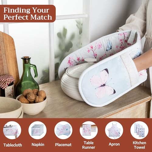 Double Oven Mitts 100% Cotton Double Oven Glove (050 - Blossoms in Spring / 7" x 35" (Double Oven Mitt))
