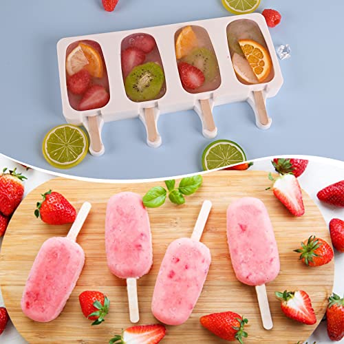 3 Pack 4 Cavity Popsicle Silicone Molds with 100 Pcs Wooden Sticks (3 Pcs Large - White (100 Sticks))