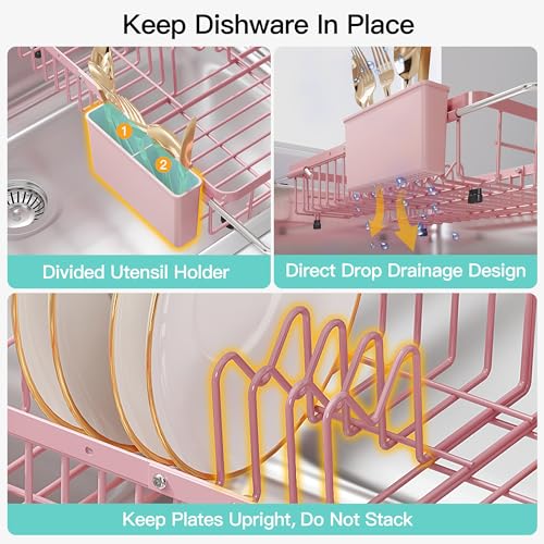 Pink Dish Drying Rack Over the Sink with Utensil Holder (Pink / For 12.5"-30"w Sink, Expandable)