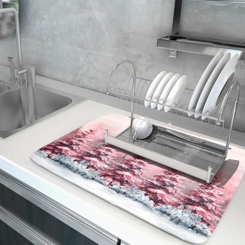 Christmas Decorative Dish Drying Pad Absorbent Microfiber Drying Mat Pink Trees Drainer Mats 18 X 24 In (Winter Trees 4724 / 24" x 18")