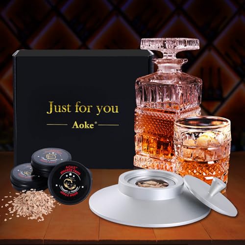 Cocktail Smoker Kit AOKE Metallic Whiskey Smoker Kit with 4 Flavors Wood Chips for Whiskey and Bourbon Old Fashioned Smoker Kit for Enhancing Drink Flavors Whiskey Gifts for Men Father's Day (Silver)