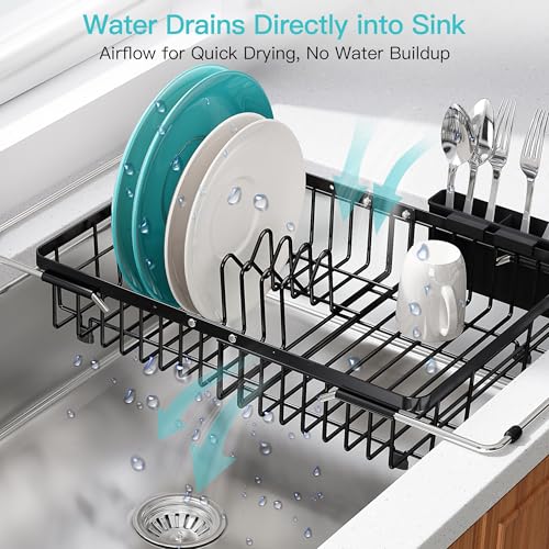 Black Dish Drying Rack Over the Sink with Utensil Holder (Black / For 12.5"-30"w Sink, Expandable)