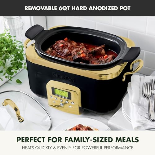 Elite 8-in-1 Programmable 6QT Electric Slow Cooker, Dishwasher Safe Lid & Removable Crock, PFAS-Free Healthy Ceramic Nonstick Multi-Cooker, Sear, Sauté, Brown, Steam Basket, Roast, Gold (6 Quarts / Gold)