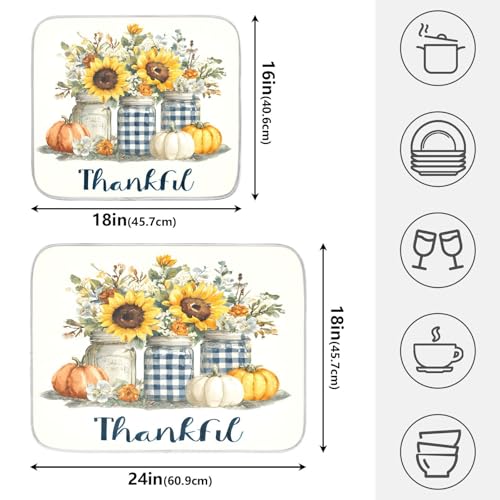 Autumn Pumpkin and Sunflower Floral Vase Dish Drying Mat for Kitchen Counter Absorbent Microfiber Small Drying Pad Dish Mats for Kitchen Countertops 16 x 18 Inch (18" x 16")
