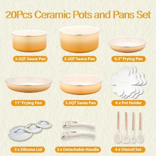 20pcs Ceramic Cookware Set Nonstick (Yellow / 20 Piece Set)