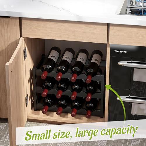Bamboo Wine Rack Wine Storage Cabinet Shelf 12 Bottle Wine Racks Countertop Sturdy for Kitchen Dining Room Pantry (Black / 3 Tier)