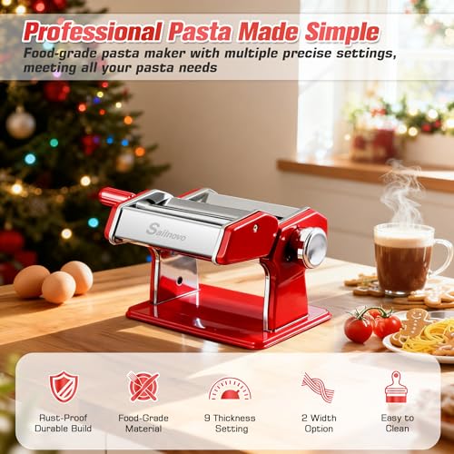 3-in-1 Pasta Maker with 9-Setting Pasta Roller & Cutters, Red (Red)