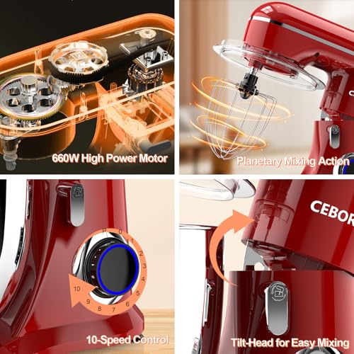 3-IN-1 Electric Stand Mixer, 6.5QT Bowl 660W 10-Speed Kitchen Mixer, Household Food Mixers include Dough Hook, Beater and Whisk, Bread Cake Mixer for Baking and Most Home Cooks, Red (Red)