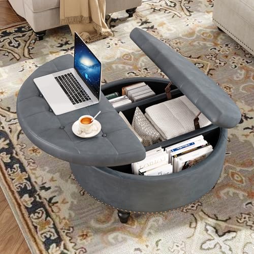 31.5 Inch Large Round Ottoman with Storage Circular (Grey)