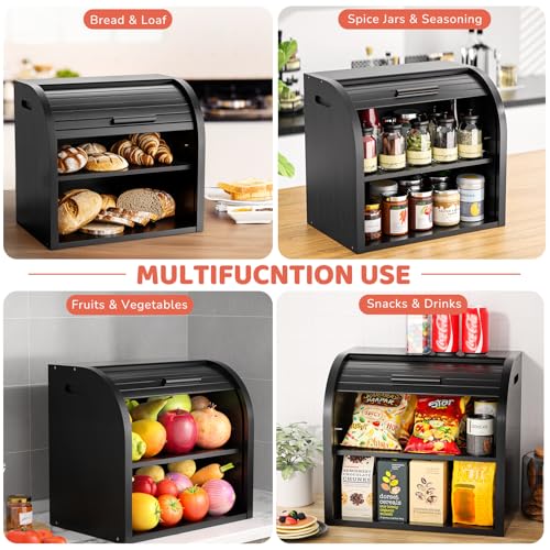 2 Tier Bamboo Bread Box for Kitchen Counter (Black / Large)