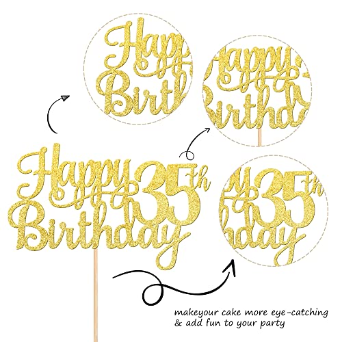 1 PCS Happy 35th Birthday Cake Topper Gold Glitter Cheers to 35 Years Birthday Cake Pick 35 Fabulous Cake Decoration for Happy 35th Birthday Theme Party Decorations Supplies (Gold / 35th)