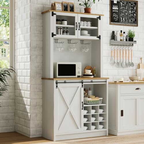 72" Farmhouse Coffee Bar Cabinet with Sliding Barn Door (71Inch / White)