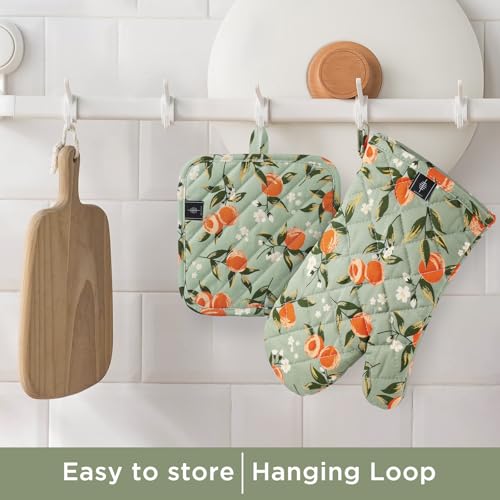 Oven Gloves Heat Resistant Potholder Set Oven Gloves with Anti (Watercolor Apricot - Set)